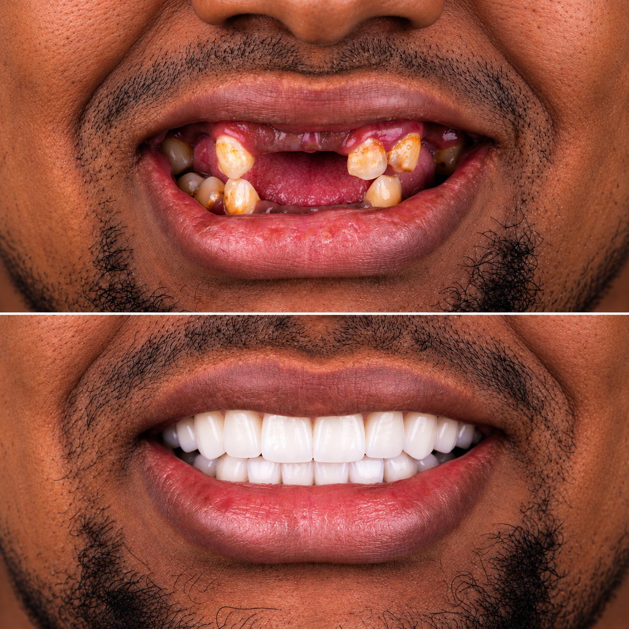 Before-and-after dental transformation showing damaged and restored teeth